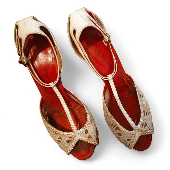 DOLCE & GABBANA Snakeskin Mesh Off-White and Red T-Strap Sandal Heels - Picture 2 of 7